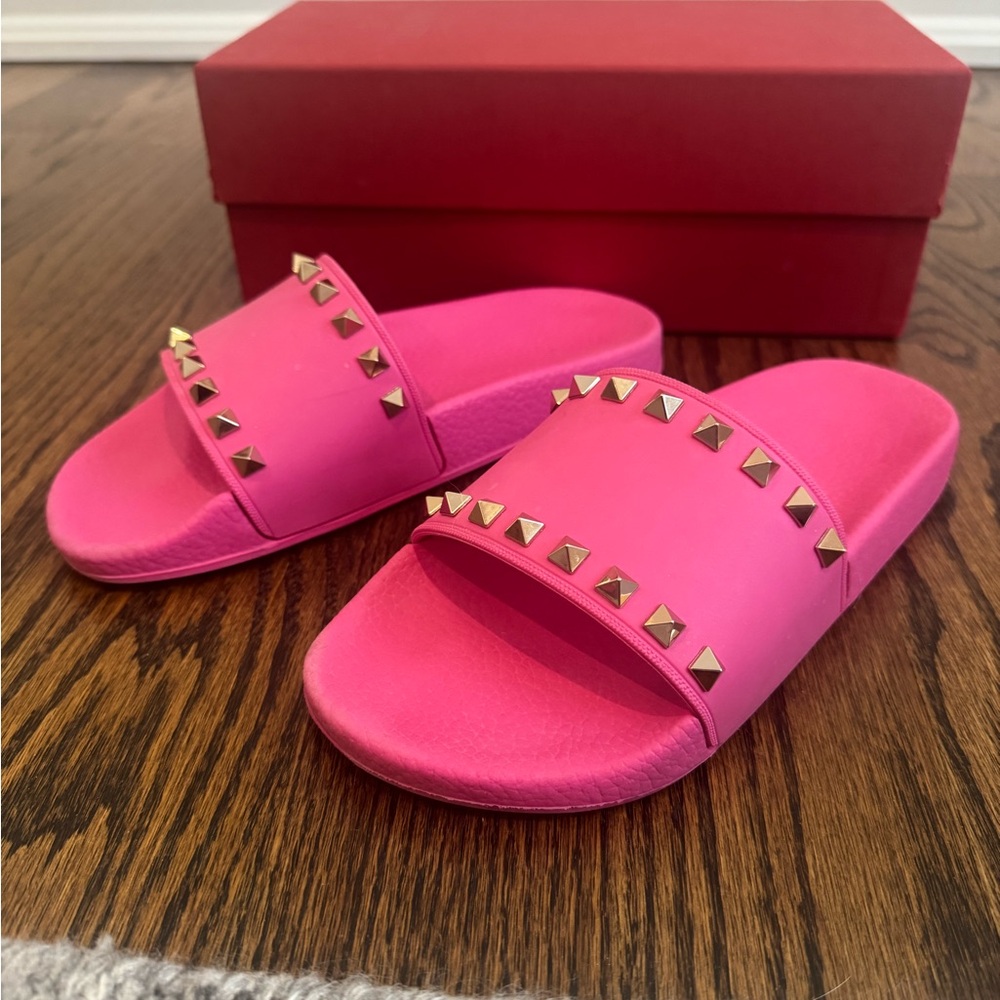 Valentino Pink Rockstud Pool Slide Sandals 37 - Picture 2 of 5